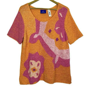 JH Collectibles Floral Short Sleeve Knit Top XL Pink Orange Artsy Boho Beach Y2K